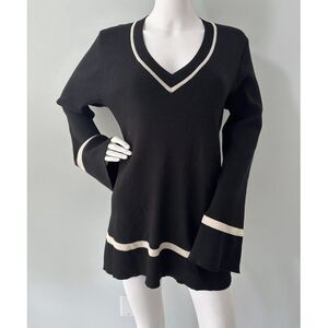 Miou Muse Black V Neck Knit Top Size L Bell Sleeve Tunic Minimalist Stretch
